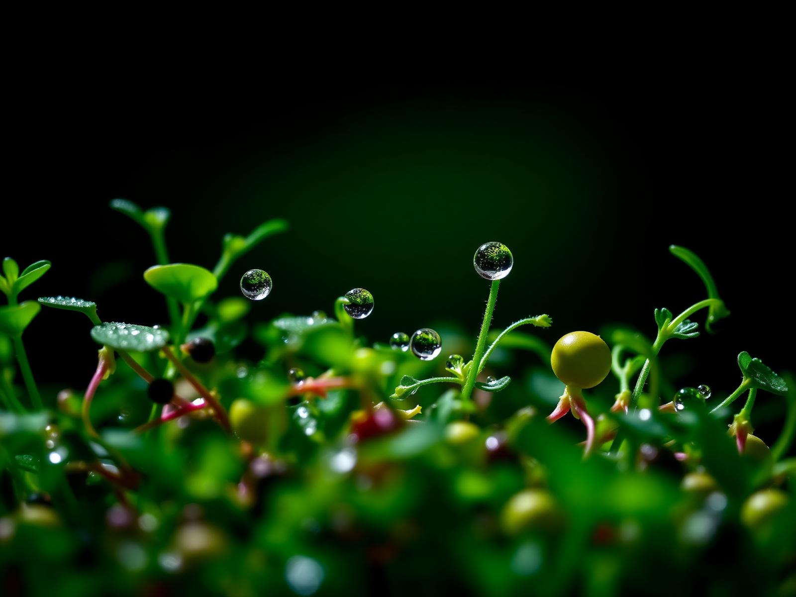 Fresh sunflower microgreens with dewdrops in deep green light